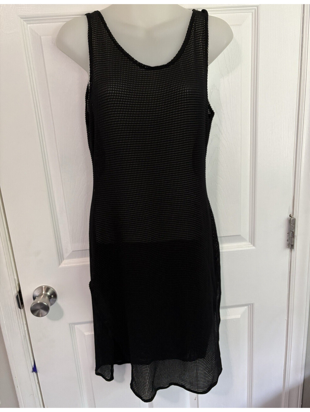 Beach Cover Up Black Sheer Mesh Scoop Neck Sleeveless Pullover Dress One Sz